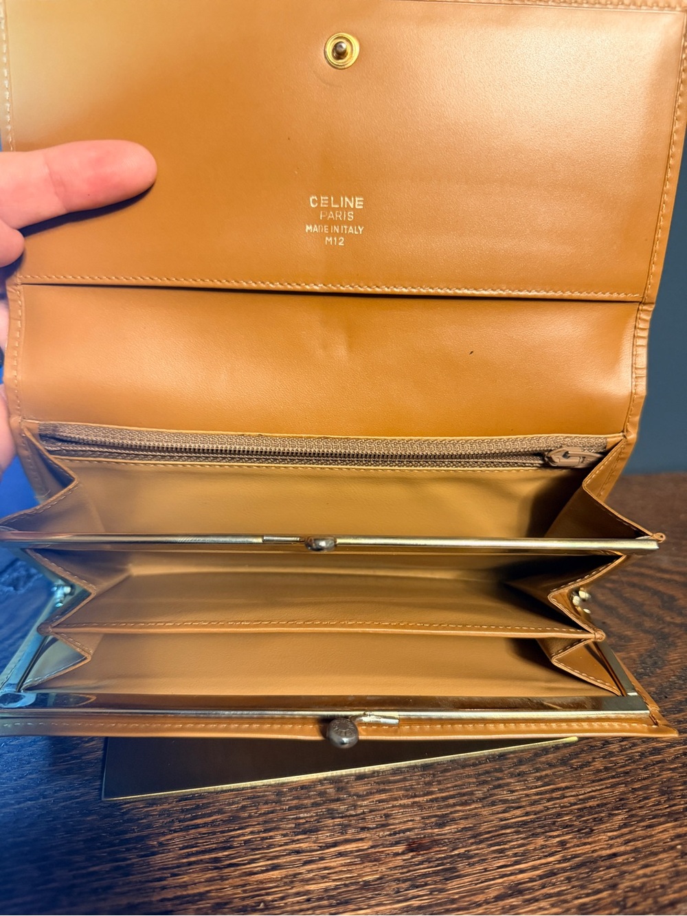 Celine Beige Tan Triomphe Macadam Kiss-lock Wallet with Gold Logo - Picture 6 of 7